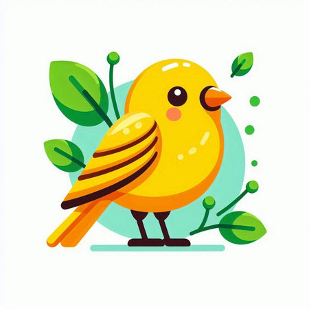Cute yellow bird with green leaves. Vector illustration in cartoon style.のイラスト素材