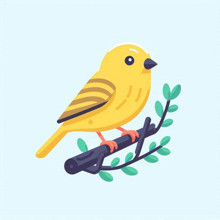 Cute yellow bird sitting on the branch. Vector illustration. Flat style.のイラスト素材