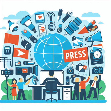 Flat design concept of press. Vector illustration with people, icons and elements on white background.のイラスト素材