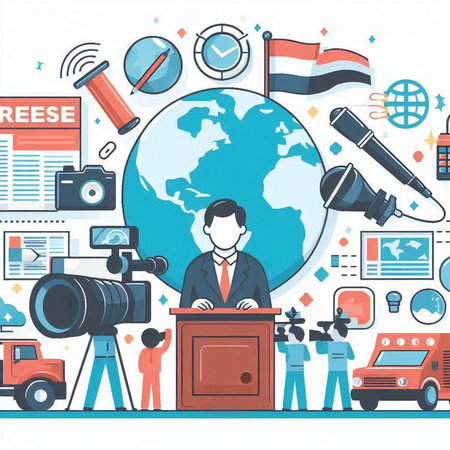 Journalism and news concept with journalist, reporter, cameraman, journalist, reporter, journalist. Vector illustration.のイラスト素材