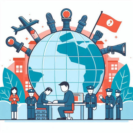 People on the background of the globe. Flat style vector illustration.のイラスト素材