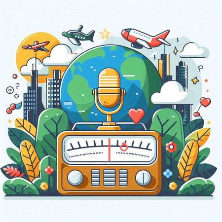 Vector illustration of retro radio with the image of the planet earth and airplanes.のイラスト素材