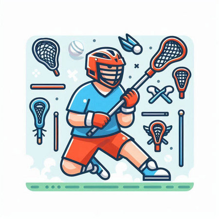Colorful vector illustration of a boy playing lacrosse. Cartoon style.のイラスト素材