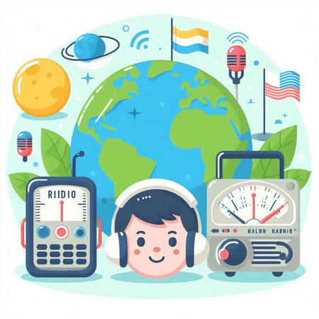 Vector illustration of a boy with headphones and microphone around the world.のイラスト素材