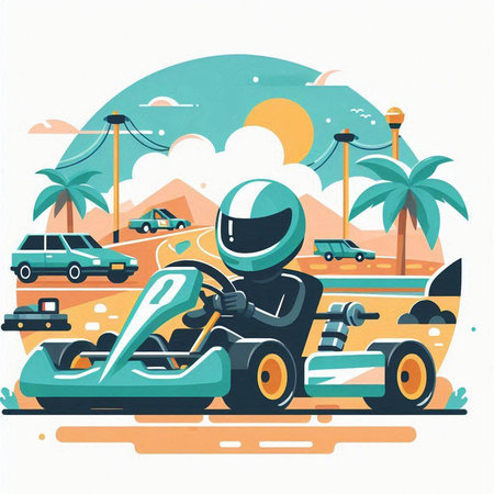 Cartoon vector illustration of karting on the road with palmsのイラスト素材