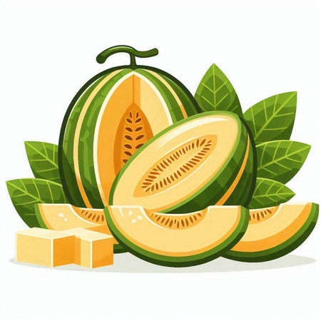 Melon with slices and leaves isolated on white background. Vector illustration.のイラスト素材