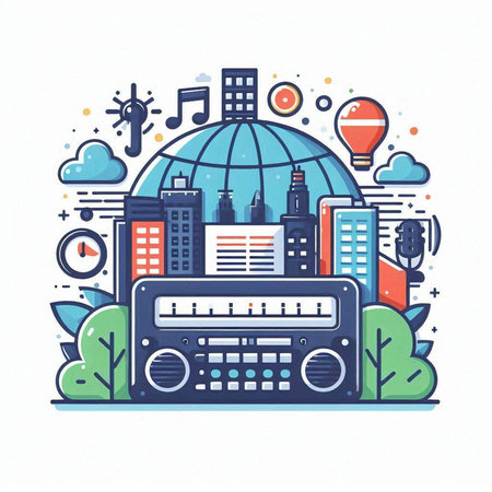 Vector illustration in flat linear style - music, radio, cityscapeのイラスト素材