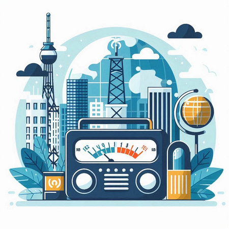 Radio station vector illustration in flat design style. Radio station on the background of the cityのイラスト素材