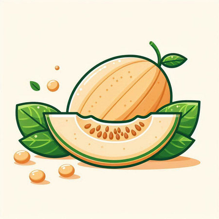 Melon with green leaves on a light background. Vector illustration.のイラスト素材