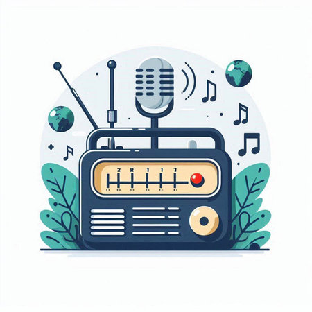 Retro radio with a microphone on the background of nature. Vector illustrationのイラスト素材