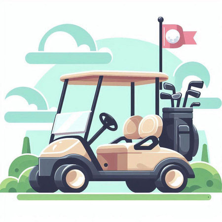 Golf cart on the golf course. Vector illustration in cartoon styleのイラスト素材