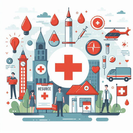 Vector illustration of healthcare and medical services. Hospital, ambulance, ambulance, first aid kit, doctor, nurse, first aid kit.のイラスト素材