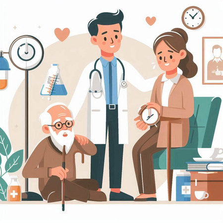 Doctor and patient in hospital flat vector illustration. Cartoon doctor and patient with old man.のイラスト素材