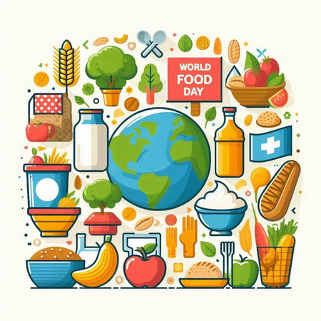 World food day concept with flat icons and symbols. Vector illustration.のイラスト素材