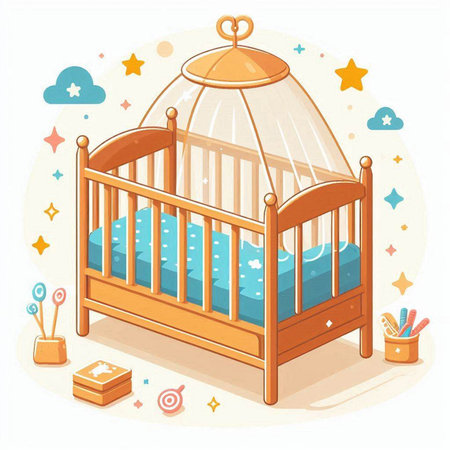 Cute cartoon vector illustration of a baby bed with a cotのイラスト素材