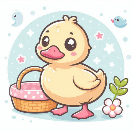 Cute cartoon duckling with a basket of food. Vector illustration.のイラスト素材