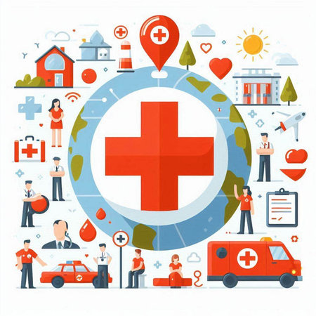 Flat design vector illustration concept of healthcare and medical services. Icons of hospital, ambulance, ambulance, ambulance, first aid kit.のイラスト素材