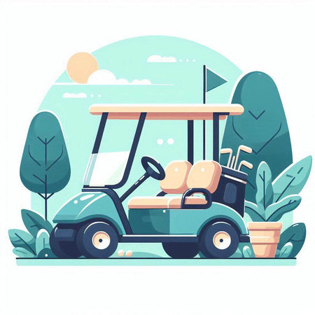 Golf cart in the park. Vector illustration. Flat style.のイラスト素材