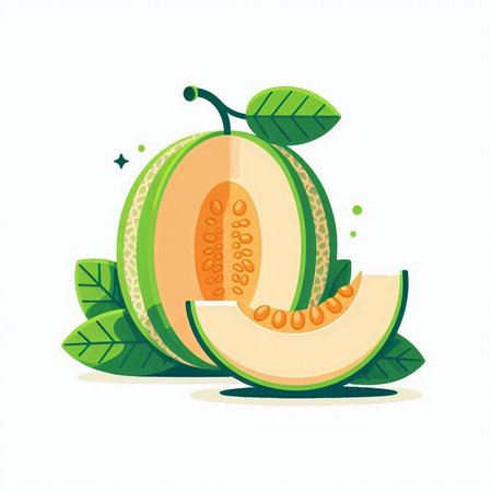 Melon with green leaves isolated on white background. Vector illustration.のイラスト素材