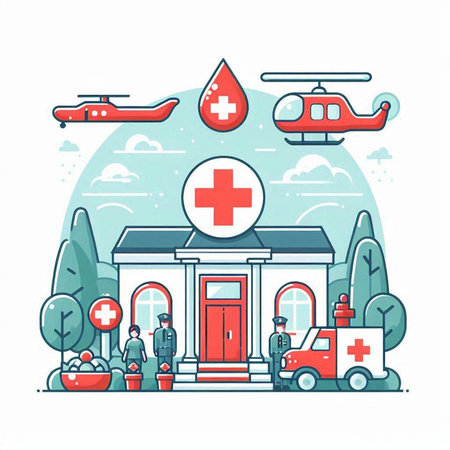 Medical center with ambulance, ambulance car and first aid kit. Vector illustrationのイラスト素材