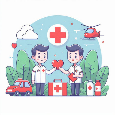 Vector illustration of doctor and patient with heart and first aid kit.のイラスト素材