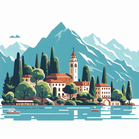 Landscape of Lake Garda, Italy. Vector Illustration.のイラスト素材