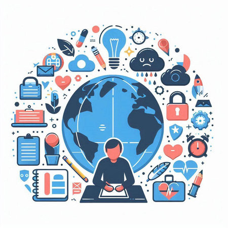 Vector illustration of global communication concept in thin line style with icons.のイラスト素材