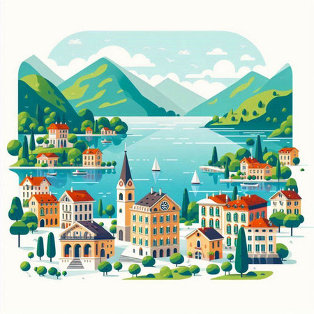 Village on the shore of Lake Maggiore, Italy. Vector illustrationのイラスト素材
