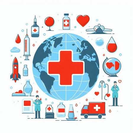 Vector illustration of world health day concept with doctor, globe, ambulance, medical equipment.のイラスト素材