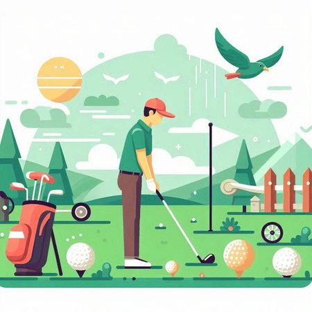 Golf player on the golf course. Vector illustration in flat styleのイラスト素材