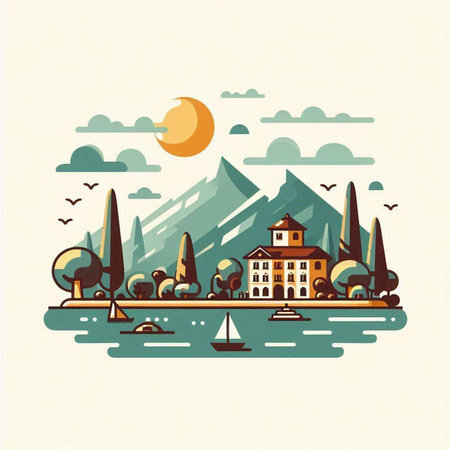 Landscape of Lake Garda, Italy. Vector illustration in flat styleのイラスト素材