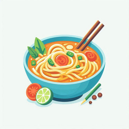 Bowl of noodle soup with chopsticks. Vector illustration.のイラスト素材