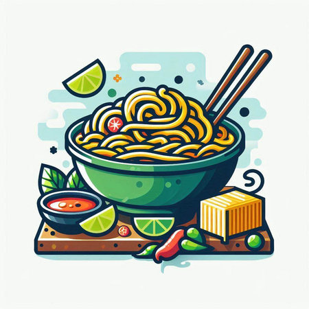 Noodles in a bowl with chopsticks. Vector illustration.のイラスト素材