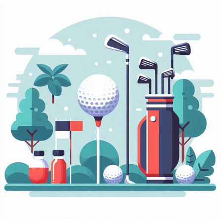 Golf equipment on the golf course. Flat style vector illustration.のイラスト素材