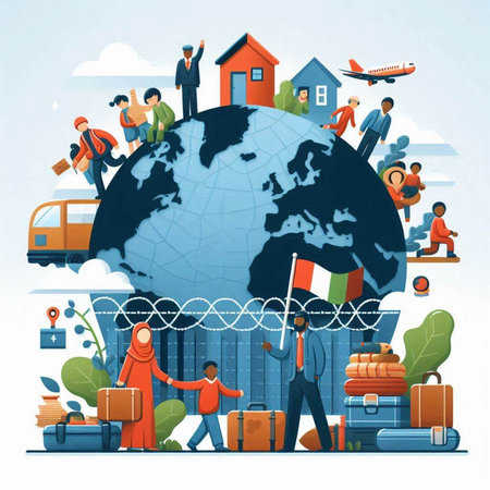 Traveling around the world concept. People with luggage, luggage, airplane, bus, map and flag. Vector illustrationのイラスト素材