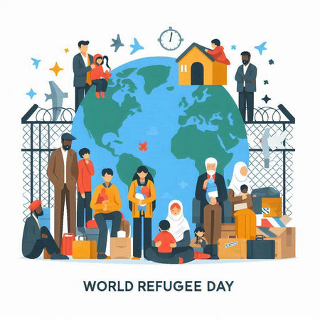 World Refugee Day concept. Vector illustration in flat style on white background.のイラスト素材