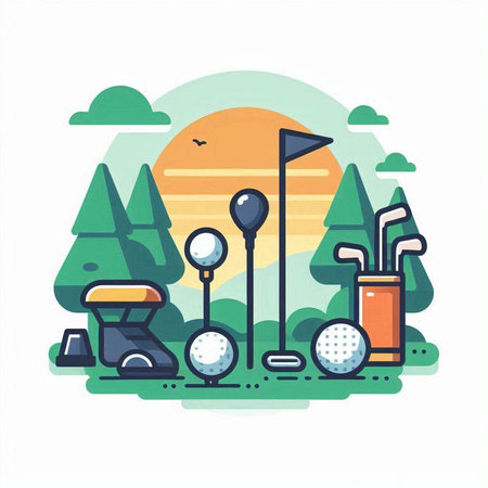 Golf flat line icon. Vector illustration of golf club, ball, tee, bag, hole, ball, flag, field and trees.のイラスト素材