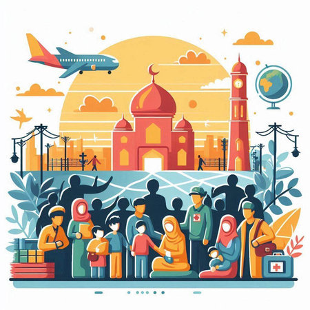 Traveling around the world concept. Vector flat illustration with people and cityscape.のイラスト素材