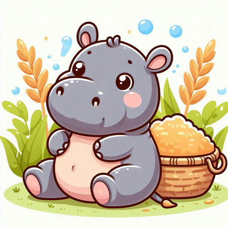 Illustration of a Cute Hippo Sitting Beside a Basket of Riceのイラスト素材