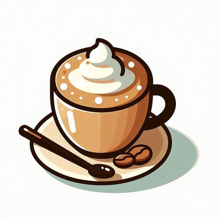 Coffee cup with whipped cream and coffee beans. Vector illustration.のイラスト素材