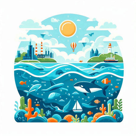 Sea landscape with fish, ocean and buildings. Vector cartoon illustration.のイラスト素材