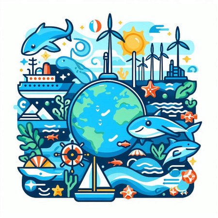 Vector illustration of World Environment Day concept. Planet Earth with ocean, windmills and dolphins.のイラスト素材