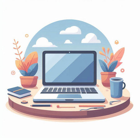 Laptop, coffee cup and books on wooden table. Flat vector illustration.のイラスト素材