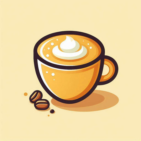 Coffee cup with whipped cream and coffee beans. Vector illustration.のイラスト素材