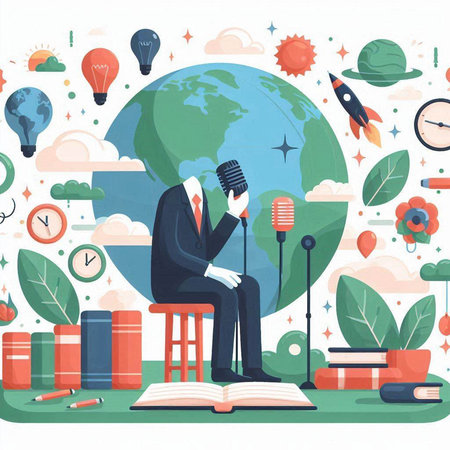 Vector illustration of a man in a business suit sitting on a chair and reading a book. Flat style design.のイラスト素材