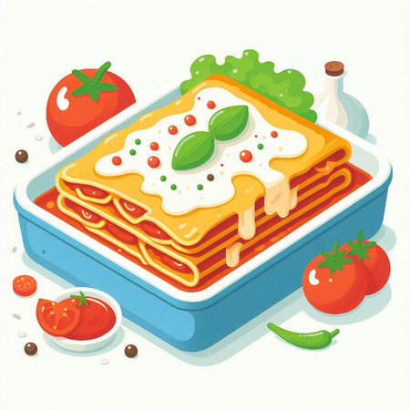 Illustration of lasagna with tomato sauce and basil on white backgroundのイラスト素材