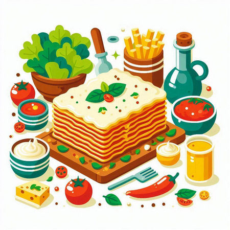 Lasagna isometric composition with ingredients for traditional italian food on white background vector illustrationのイラスト素材