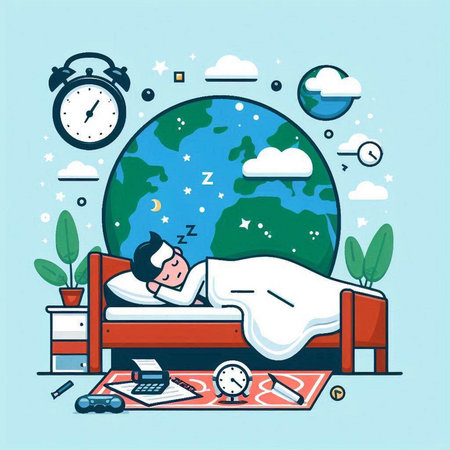 Vector illustration of a man sleeping in bed with alarm clock and world globeのイラスト素材