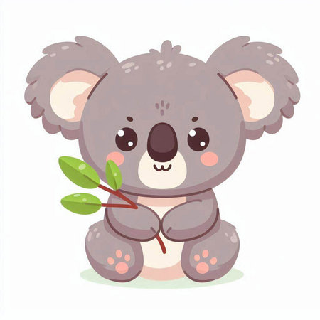 Cute cartoon koala with a green branch. Vector illustration.のイラスト素材