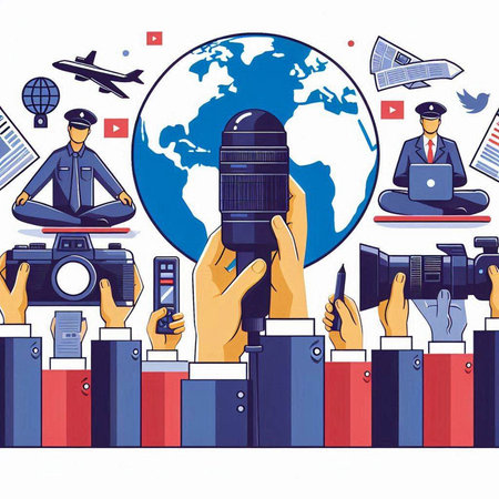 Journalism concept. Vector illustration in flat design style with hands holding microphone, world map and news icons.のイラスト素材